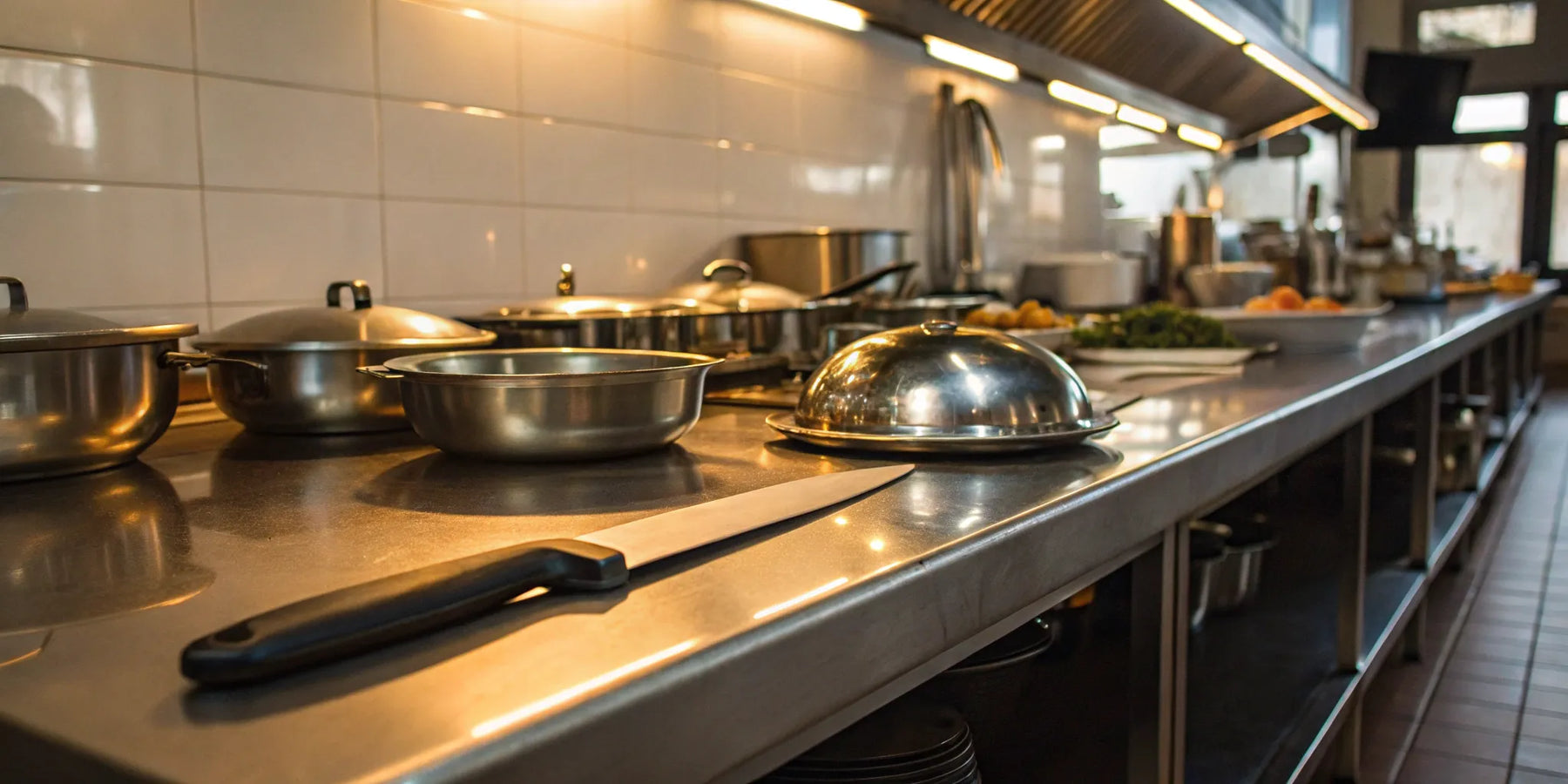 Essential restaurant equipment in a commercial kitchen.
