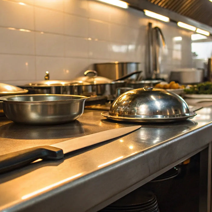 Essential restaurant equipment in a commercial kitchen.