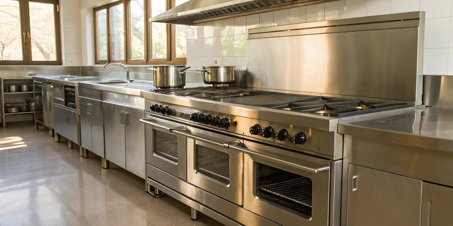 Restaurant equipment like stainless steel ovens and prep counters in a commercial Kansas City kitchen.