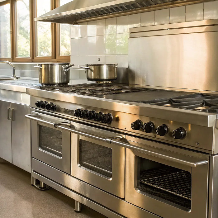 Restaurant equipment like stainless steel ovens and prep counters in a commercial Kansas City kitchen.