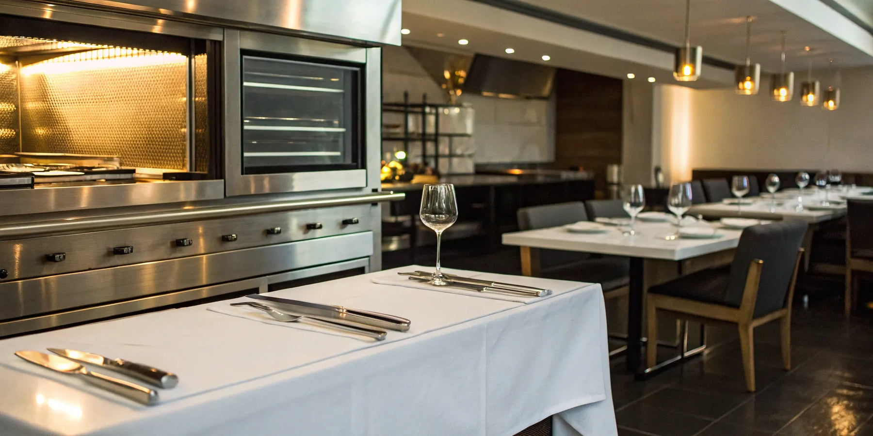 Restaurant kitchen with stainless steel appliances and dining area.