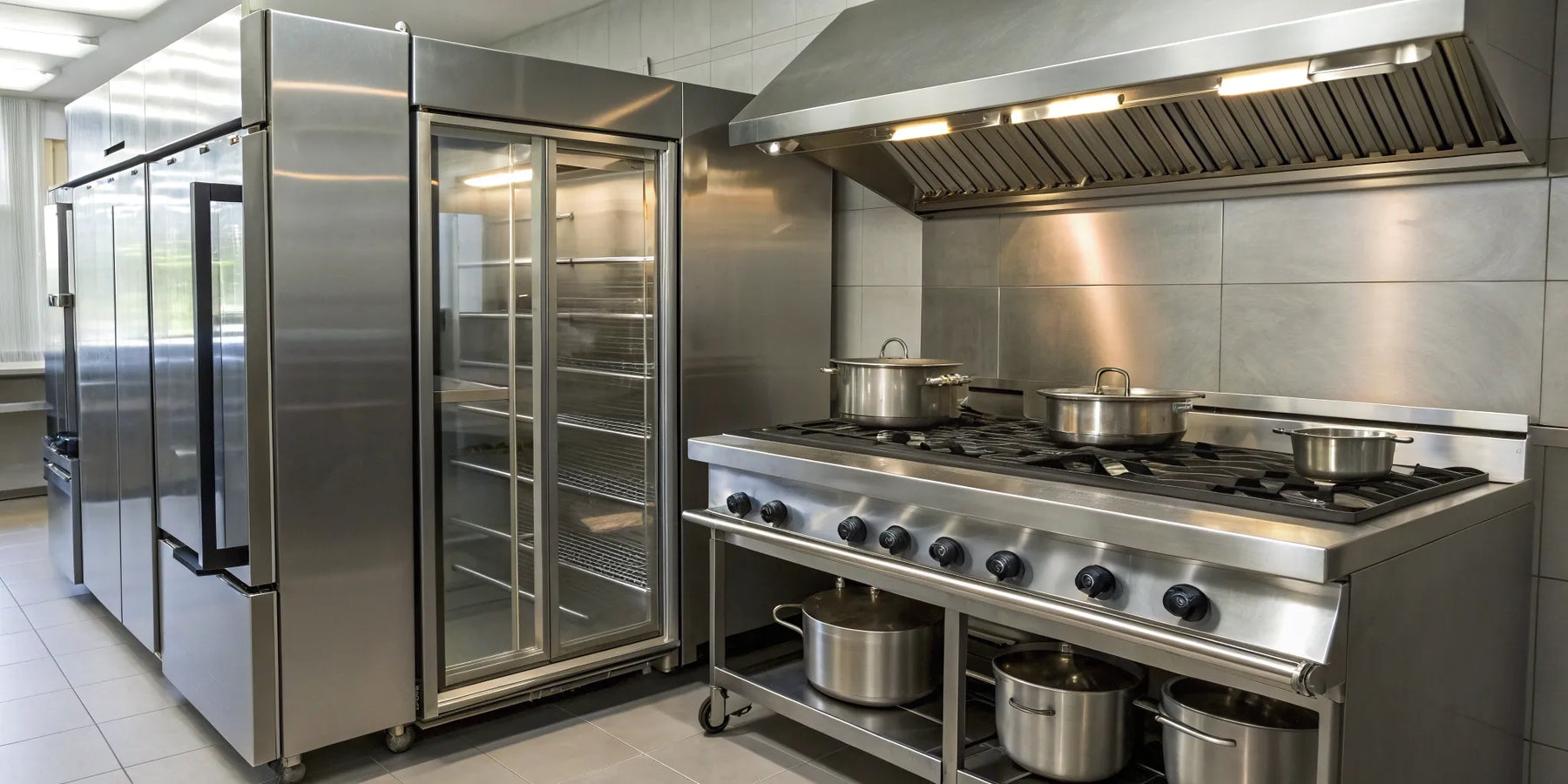 Restaurant equipment supplies: Stainless steel refrigerator, gas range, and pots.