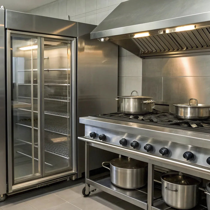 Restaurant equipment supplies: Stainless steel refrigerator, gas range, and pots.