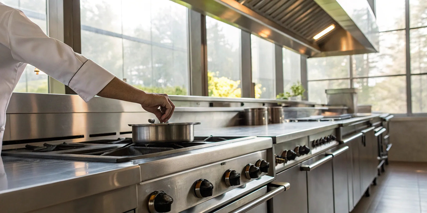 Commercial stove in a restaurant kitchen.
