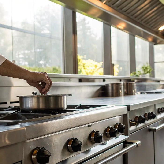 Commercial stove in a restaurant kitchen.