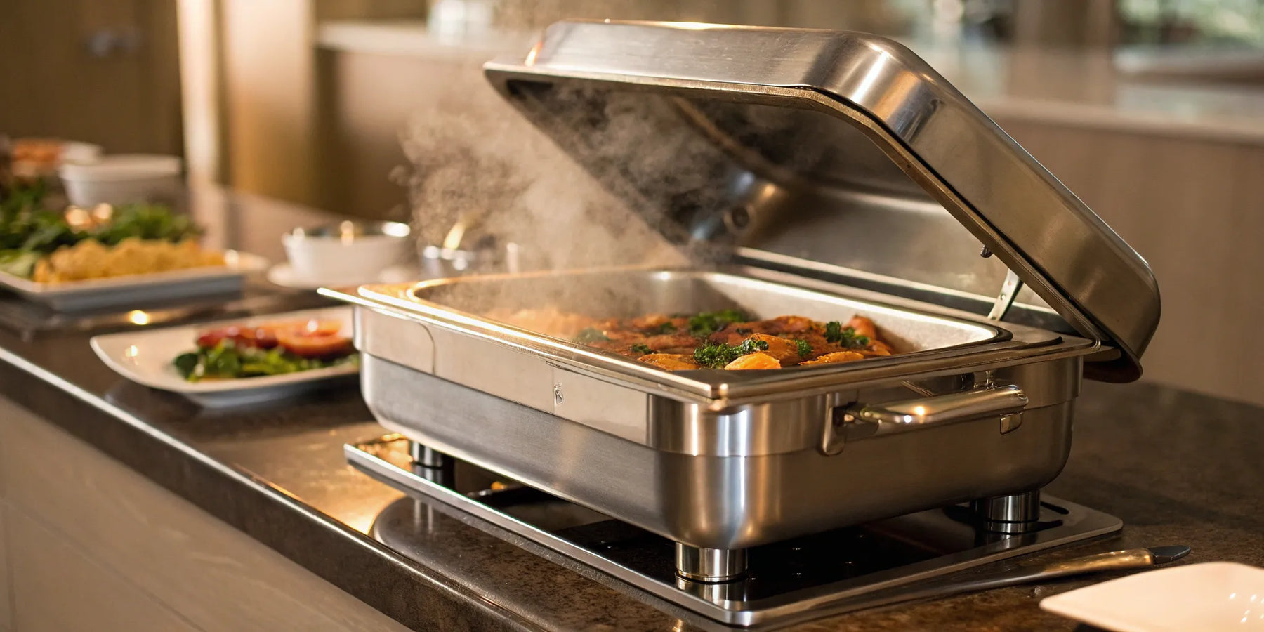 A commercial food warmer keeping various dishes hot and ready on a restaurant buffet.