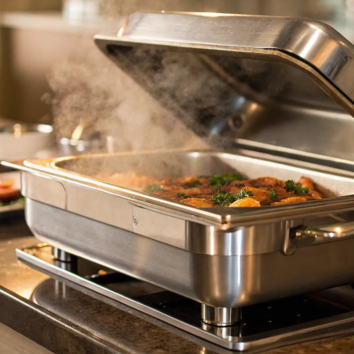 A commercial food warmer keeping various dishes hot and ready on a restaurant buffet.