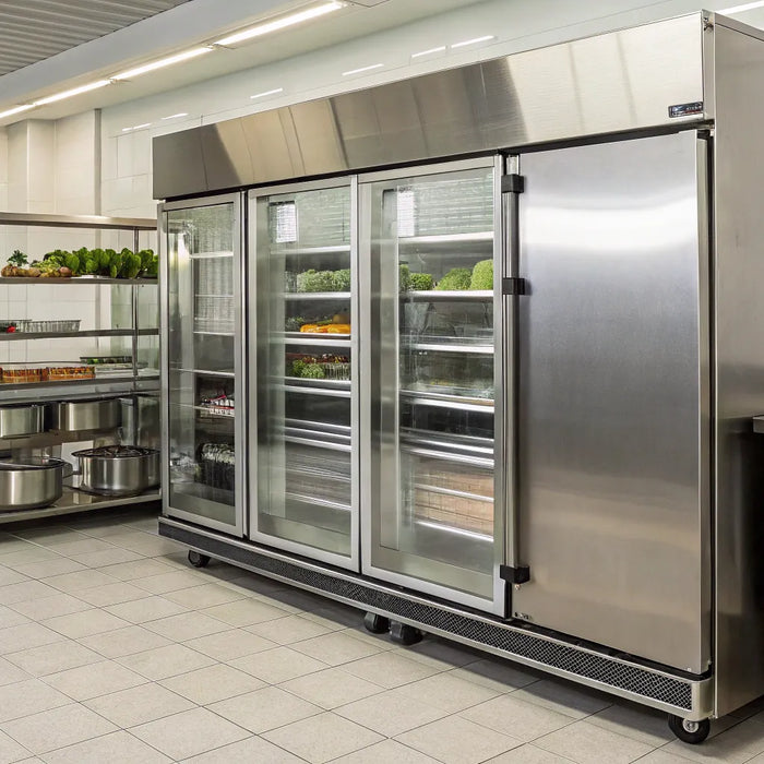 Stainless steel chest fridge in a commercial kitchen.