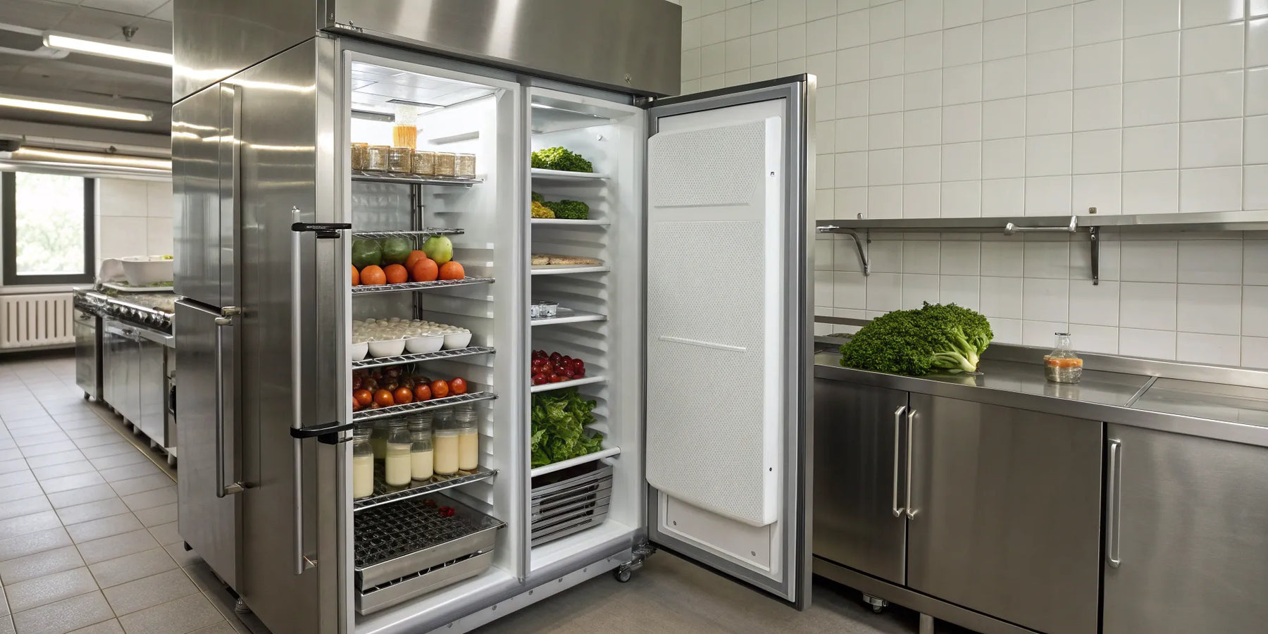 Organized restaurant fridge with fresh food.