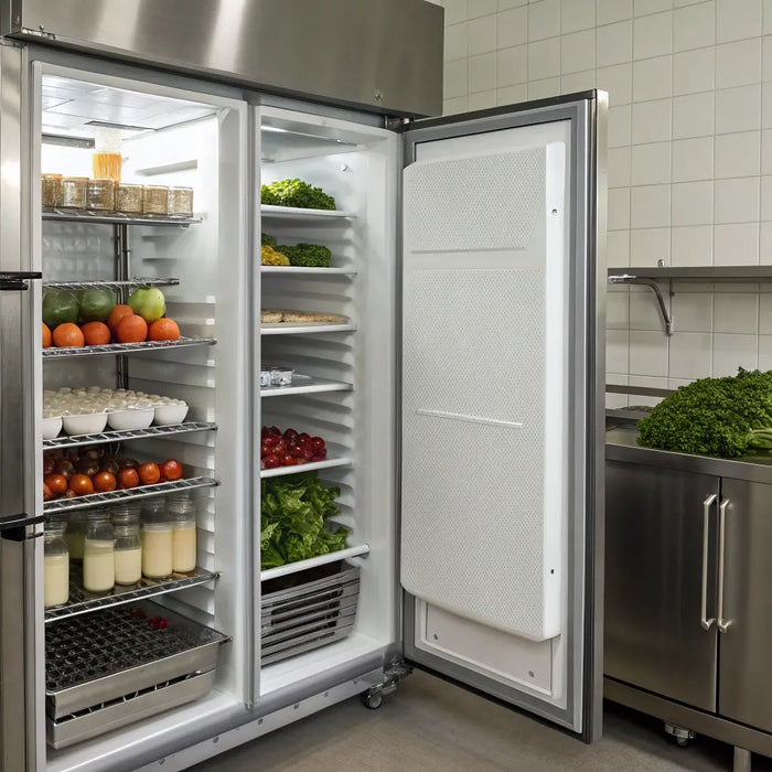 Organized restaurant fridge with fresh food.