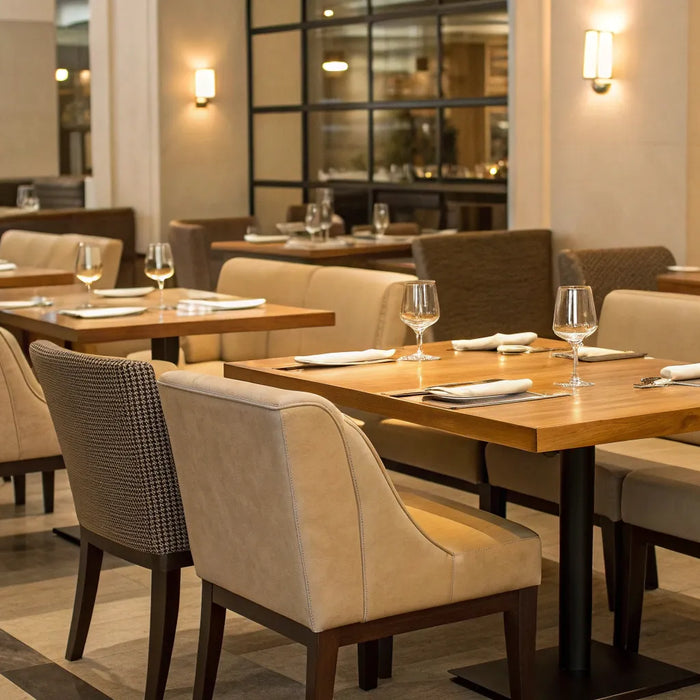 Restaurant furniture enhances dining space.
