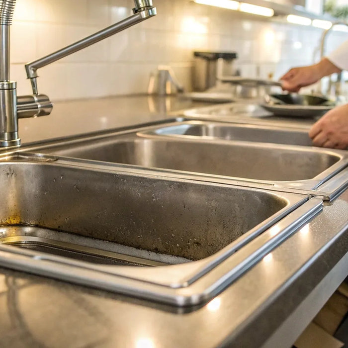 Restaurant grease trap system under a commercial sink.