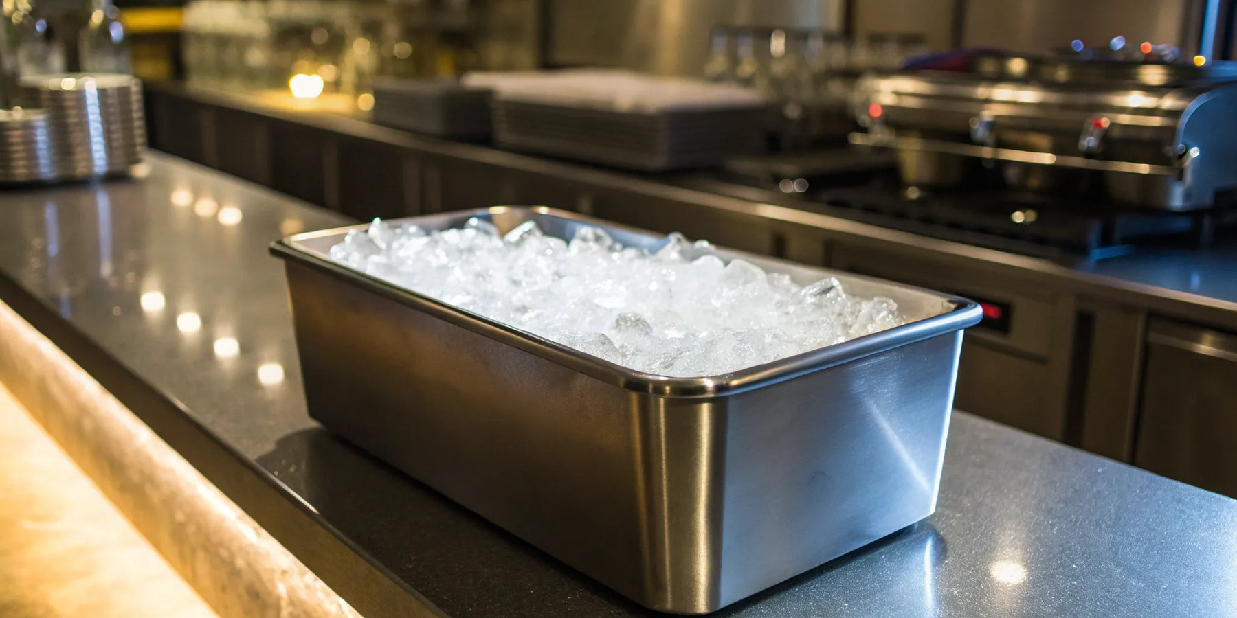 Restaurant ice bin filled with ice.