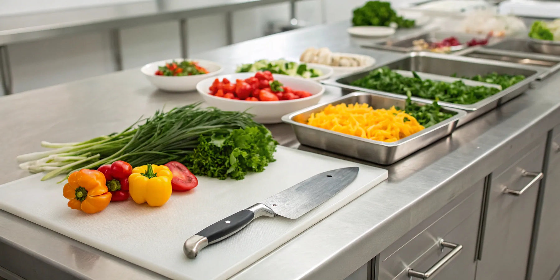 Restaurant kitchen prep table ready for food preparation.