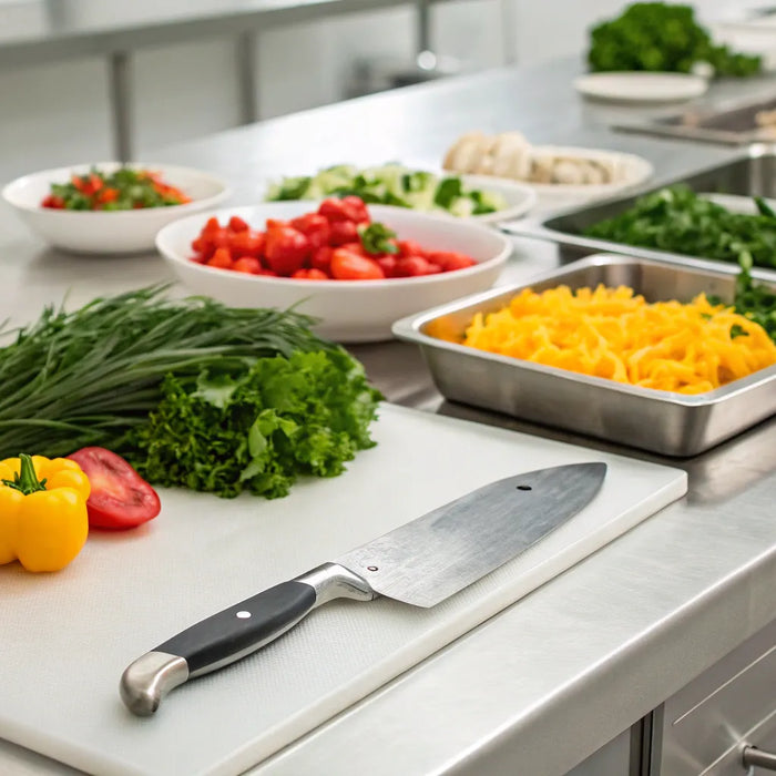 Restaurant kitchen prep table ready for food preparation.