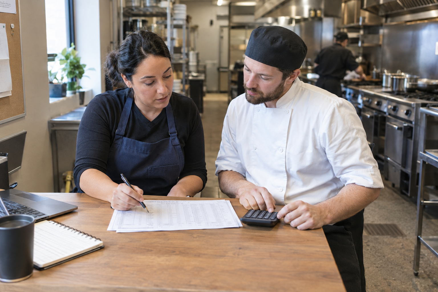 Restaurant manager and chef reviewing a staffing worksheet and calculator beside a commercial kitchen.