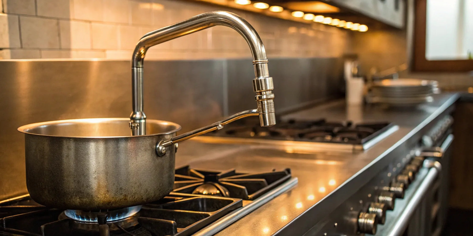 Wall-mounted pot filler above stove.