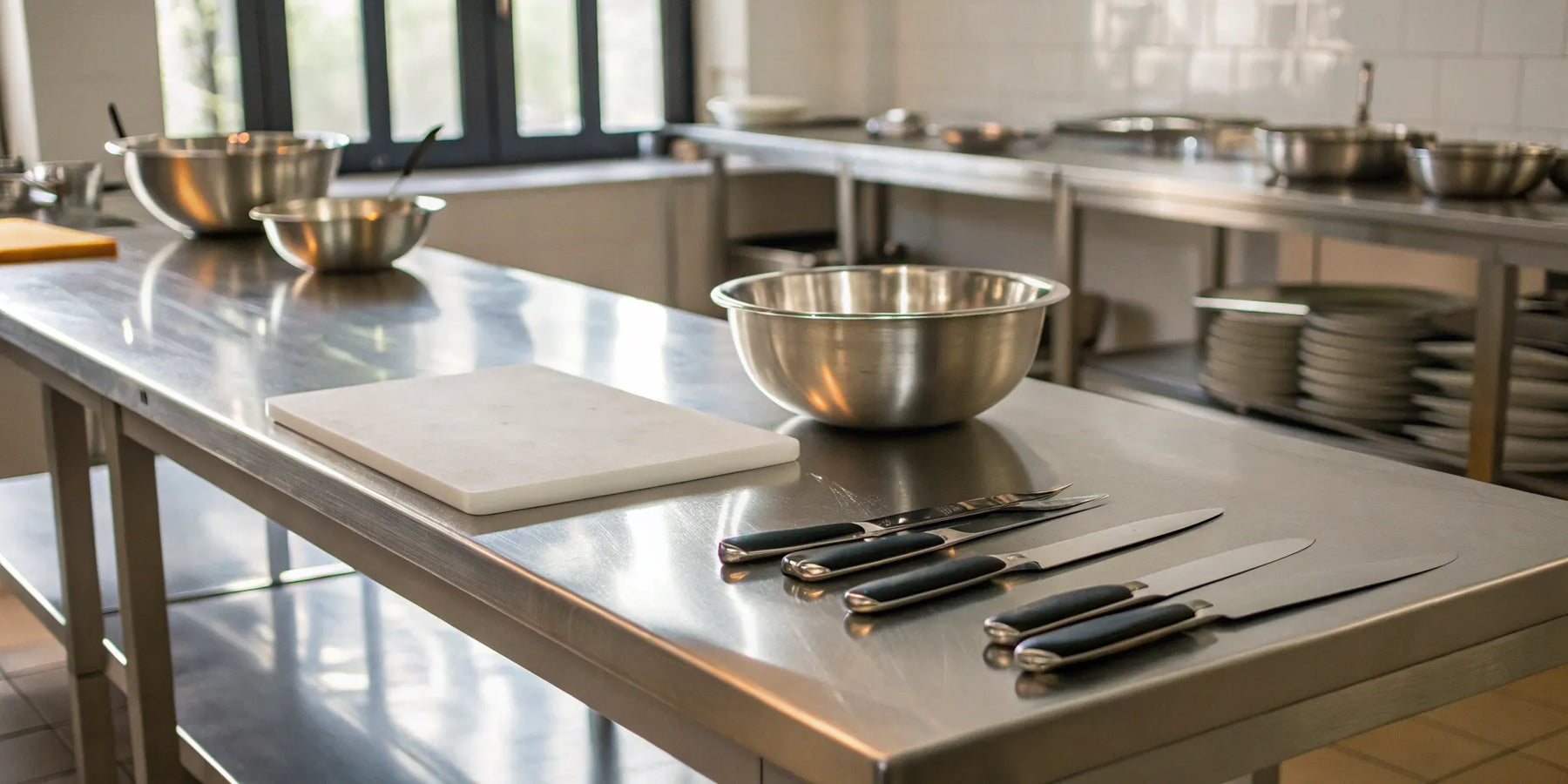 Stainless steel restaurant prep table with ingredients and knives.