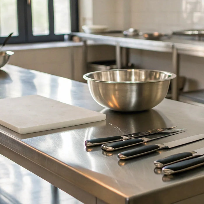 Stainless steel restaurant prep table with ingredients and knives.