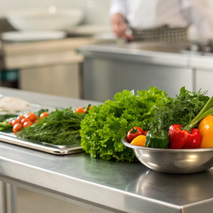 A stainless steel restaurant prep table loaded with fresh vegetables for kitchen prep.