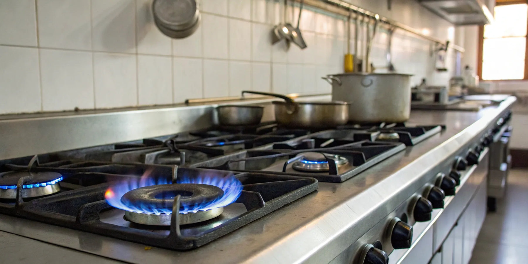 Restaurant propane stove with pots and blue flames.