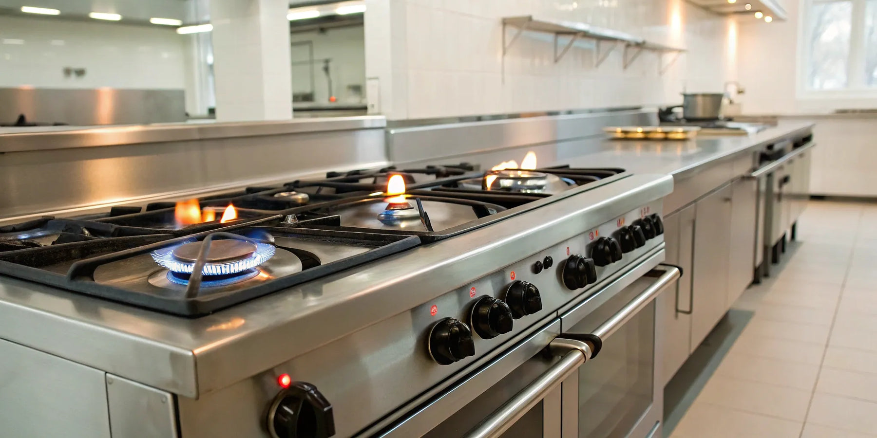 Stainless steel propane stove with lit burners.