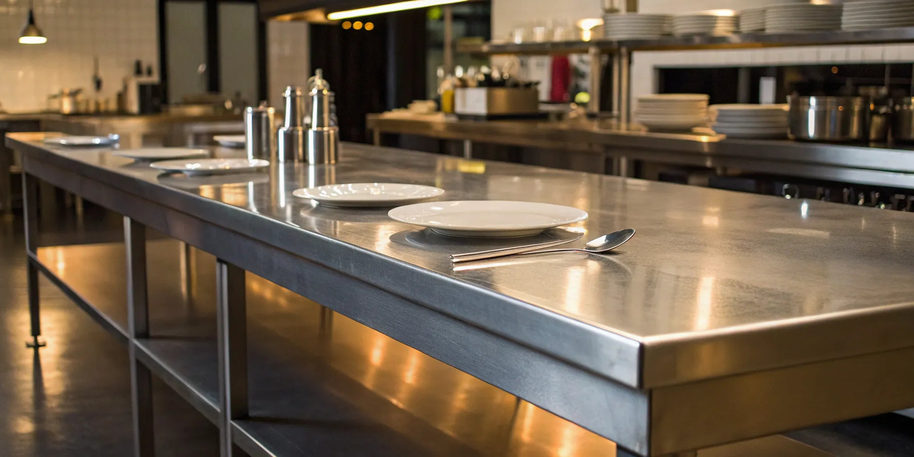 Durable stainless steel restaurant tables.