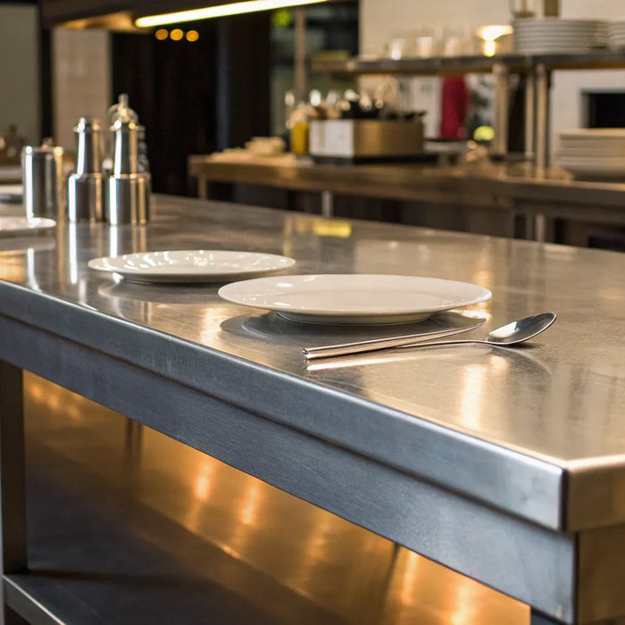 Durable stainless steel restaurant tables.