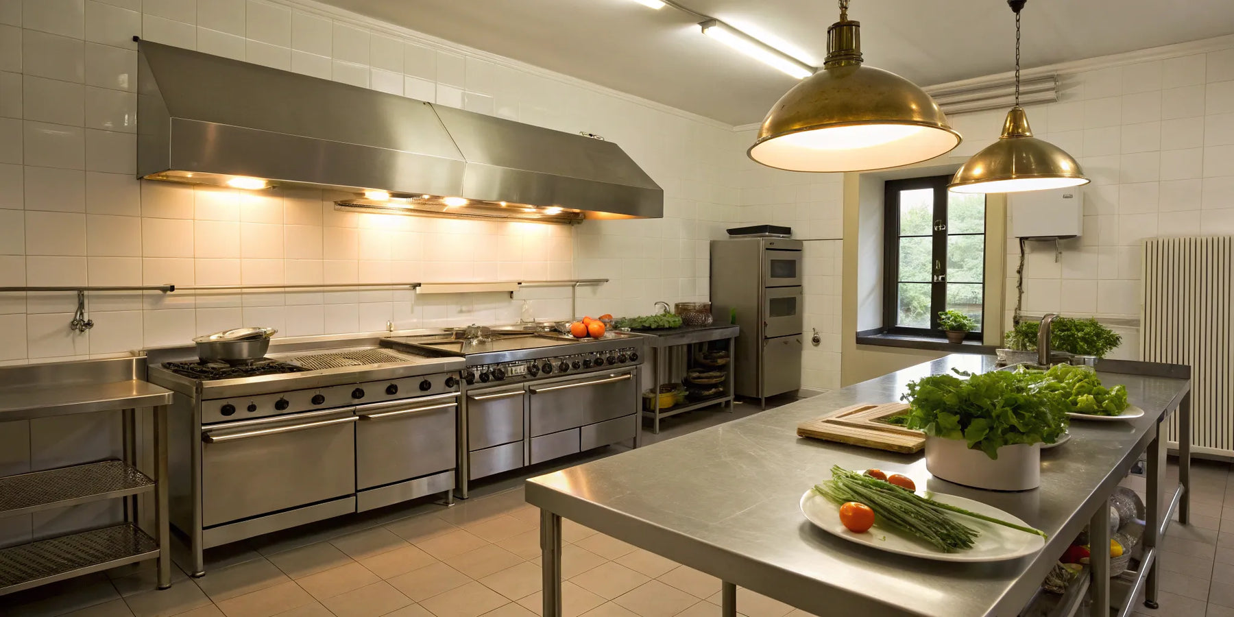 Essential restaurant equipment in a commercial kitchen.