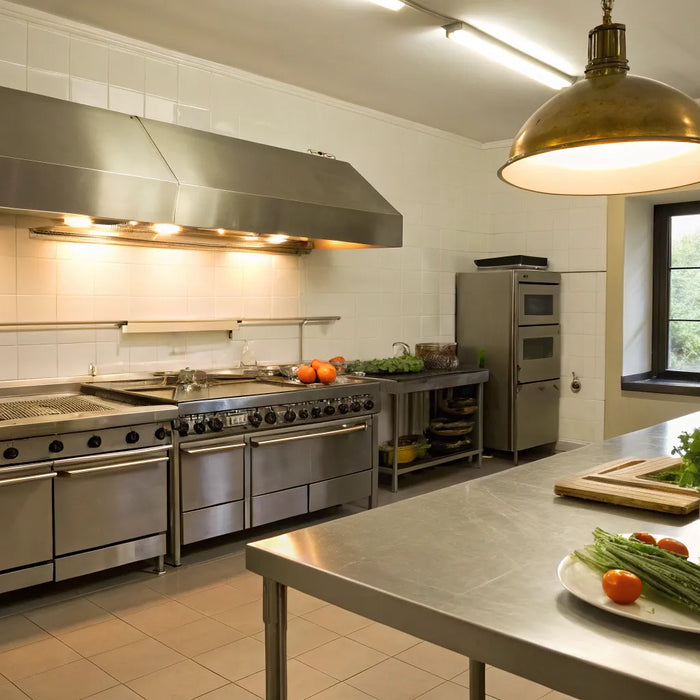 Essential restaurant equipment in a commercial kitchen.