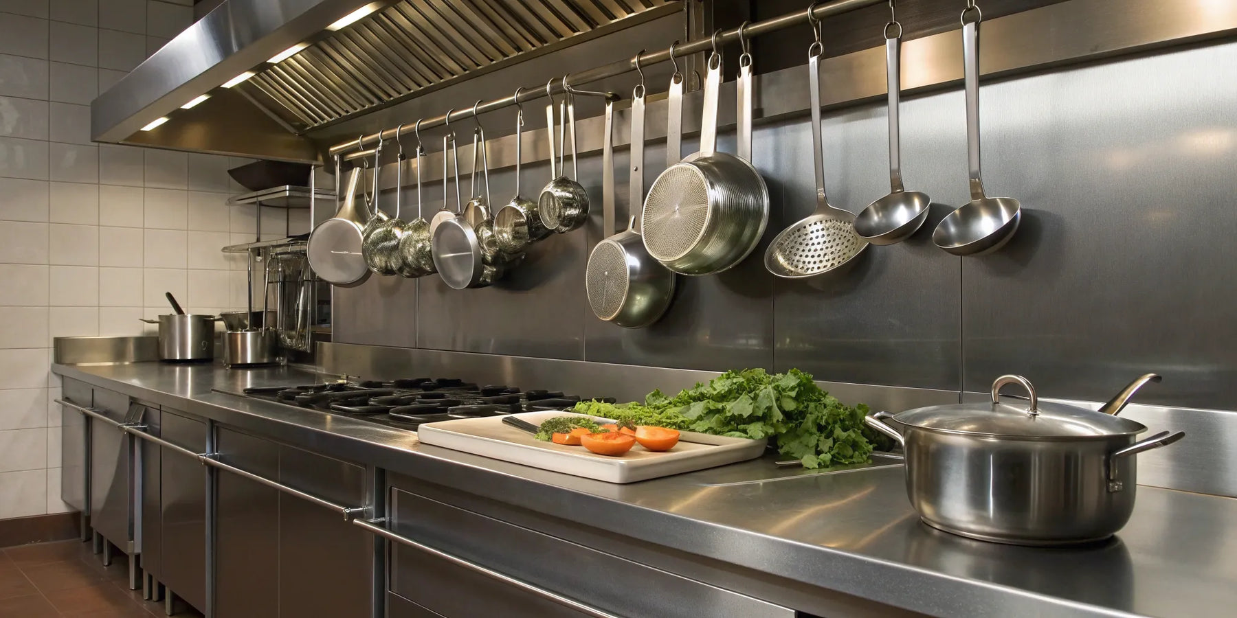 Stainless steel restaurant supplies and equipment in a professional kitchen in Tulsa.
