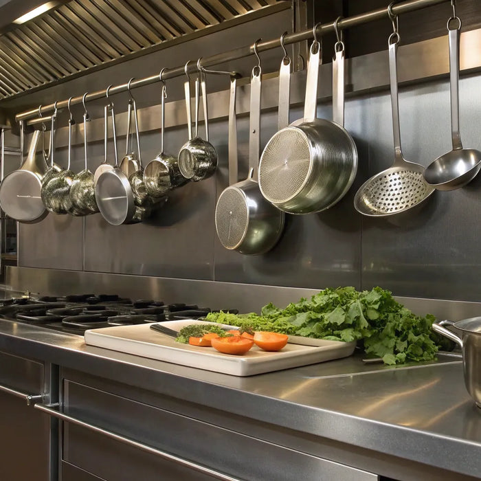 Stainless steel restaurant supplies and equipment in a professional kitchen in Tulsa.