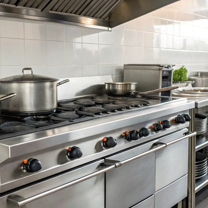 Restaurant kitchen with stainless steel equipment.