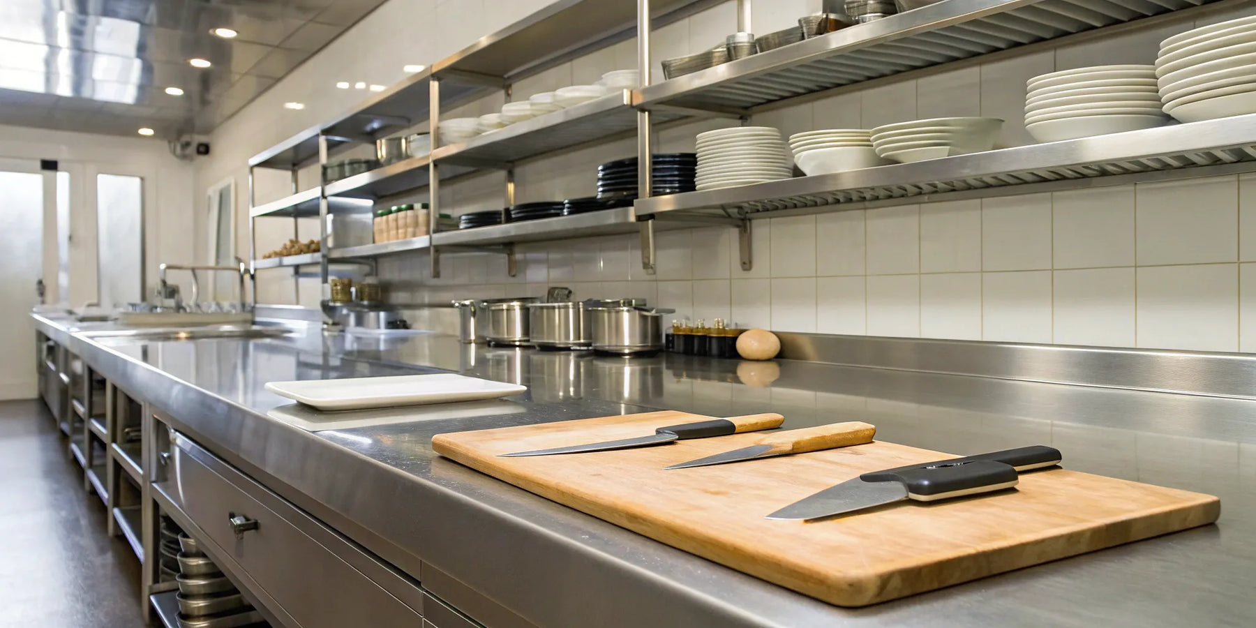 Organized restaurant supply shelves in a commercial kitchen.