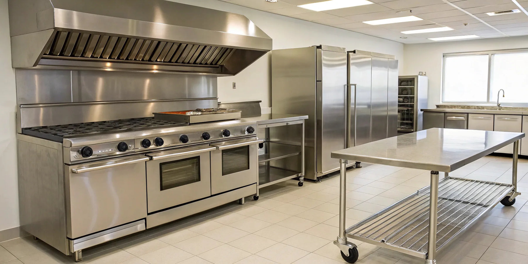 Restaurant supply store with stainless steel kitchen appliances.