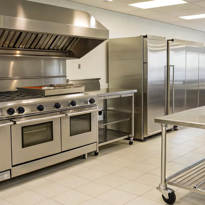 Restaurant supply store with stainless steel kitchen appliances.
