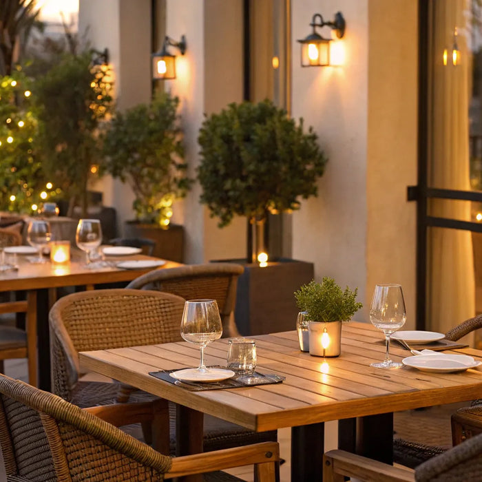 Restaurant tables and chairs.