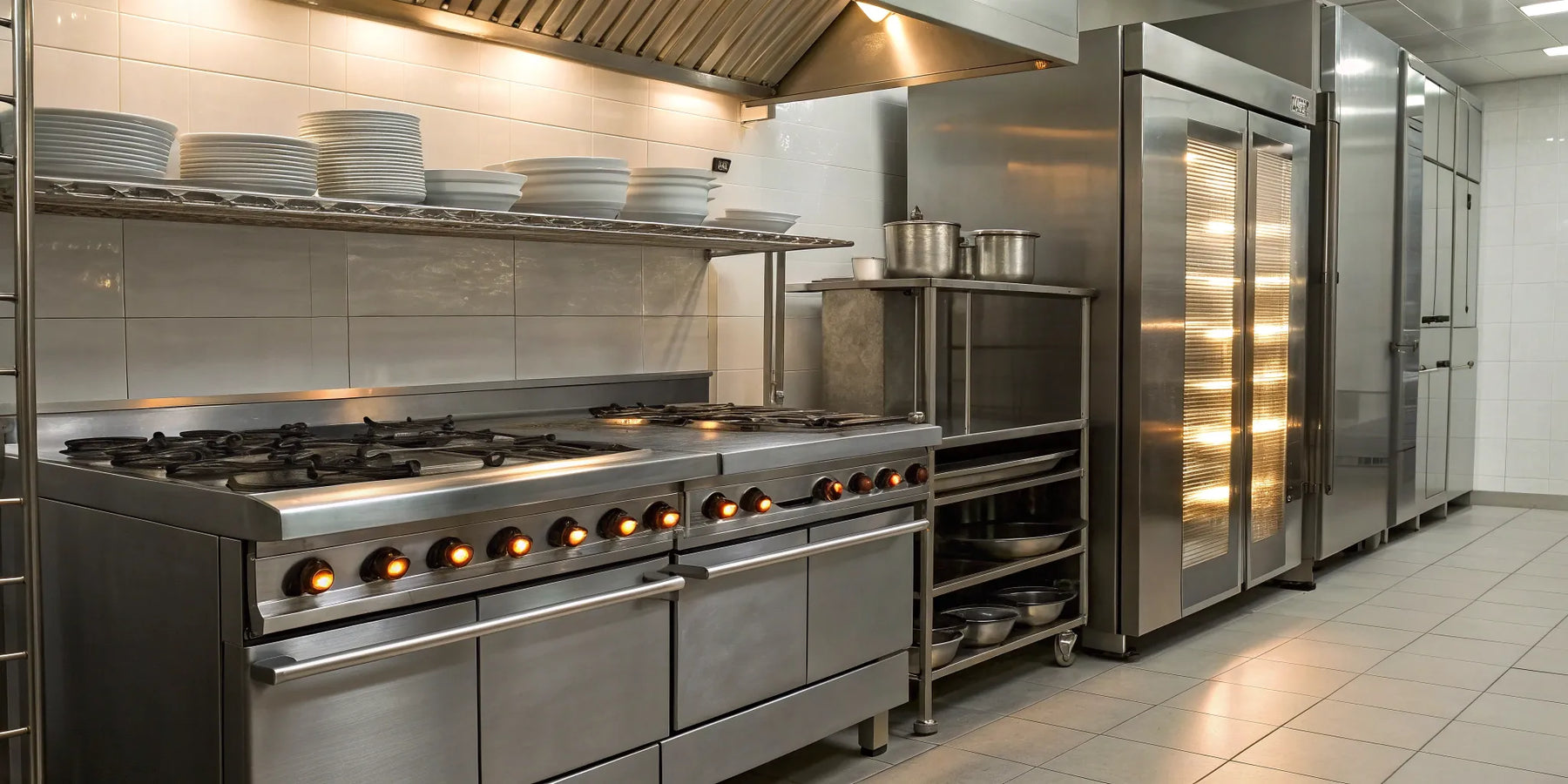 Rows of stainless steel equipment inside a Tulsa restaurant supply store.