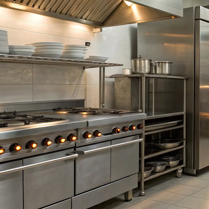 Rows of stainless steel equipment inside a Tulsa restaurant supply store.