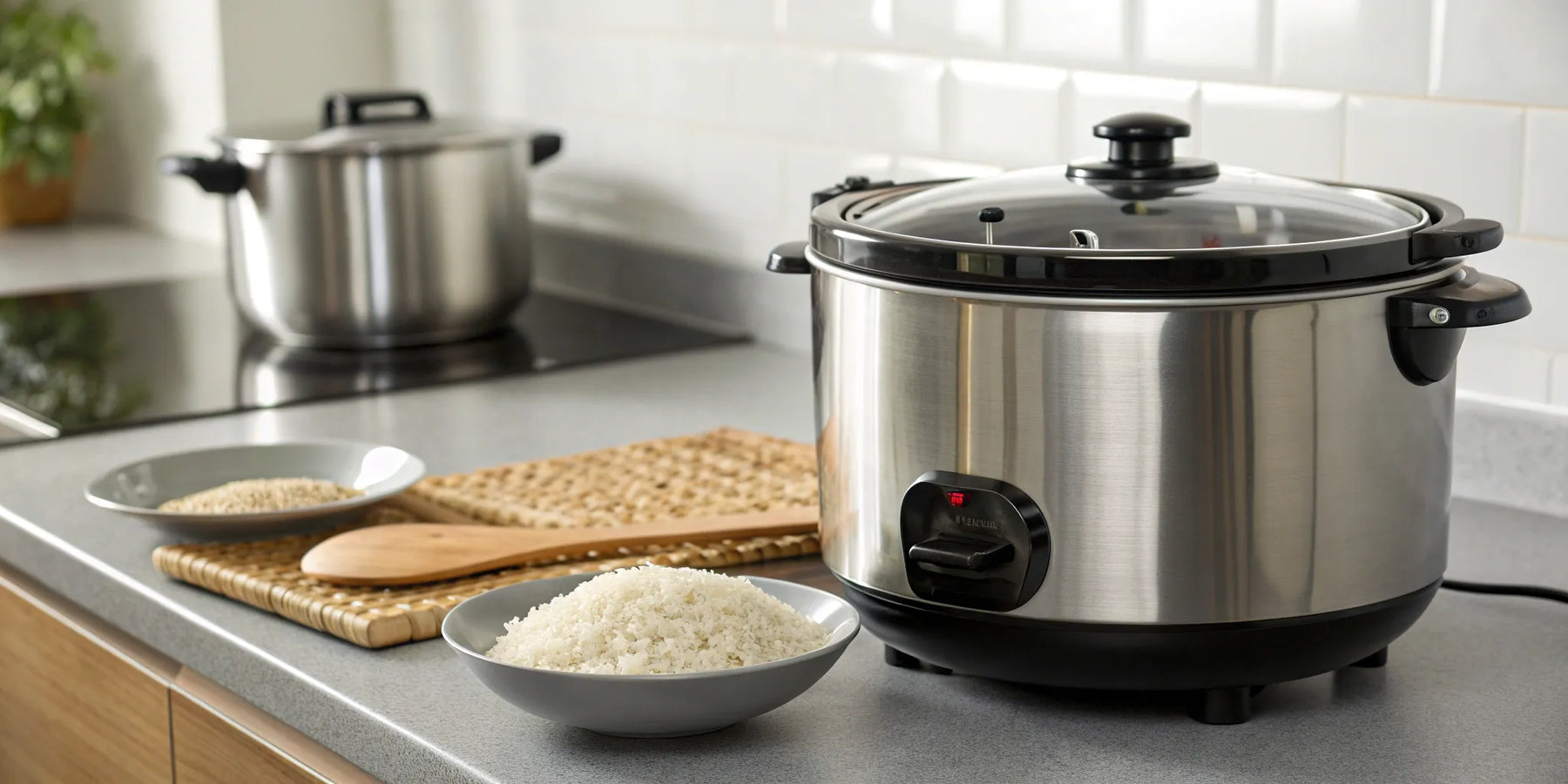 A big commercial rice cooker in a professional kitchen with a bowl of freshly cooked rice.