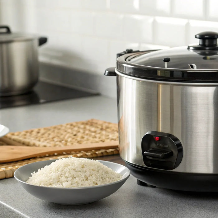 A big commercial rice cooker in a professional kitchen with a bowl of freshly cooked rice.