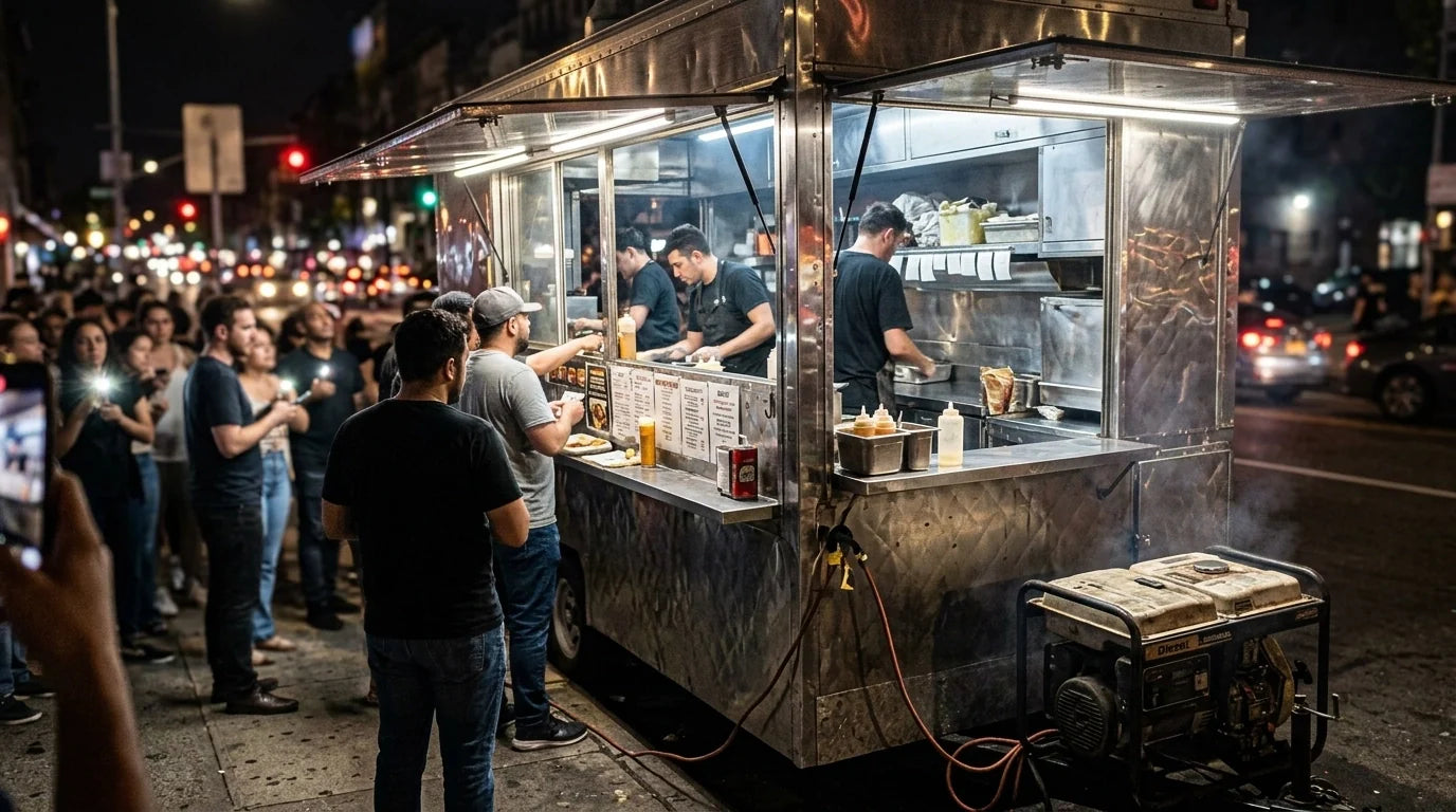 Long line of hungry food truck customers on a Friday night.