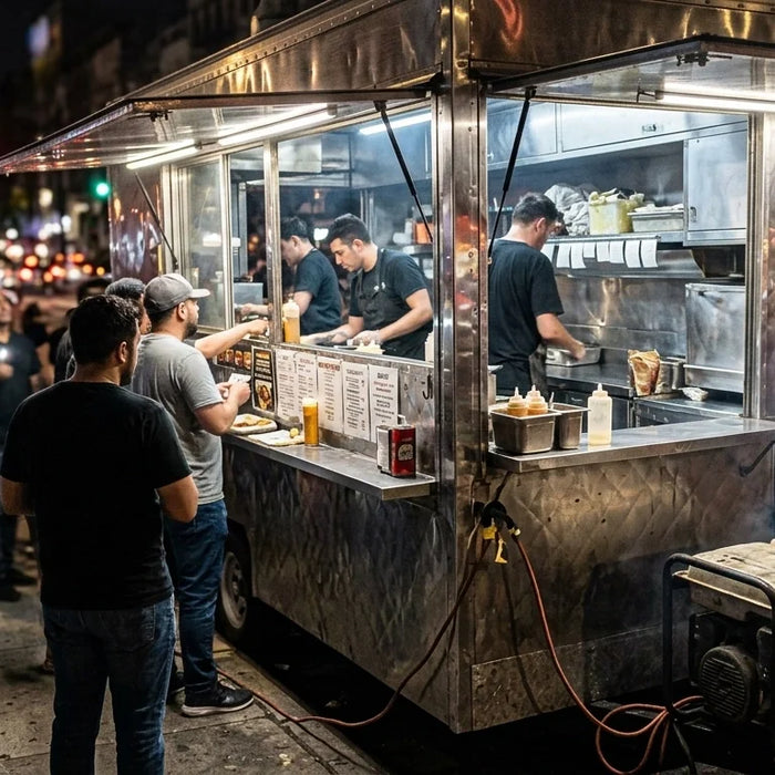 Long line of hungry food truck customers on a Friday night.