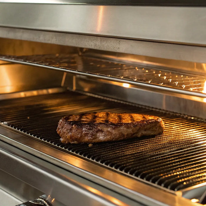 Salamander broiler browning steak.