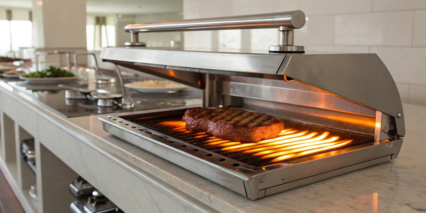 A salamander for cooking broils a steak on a countertop in a commercial kitchen.