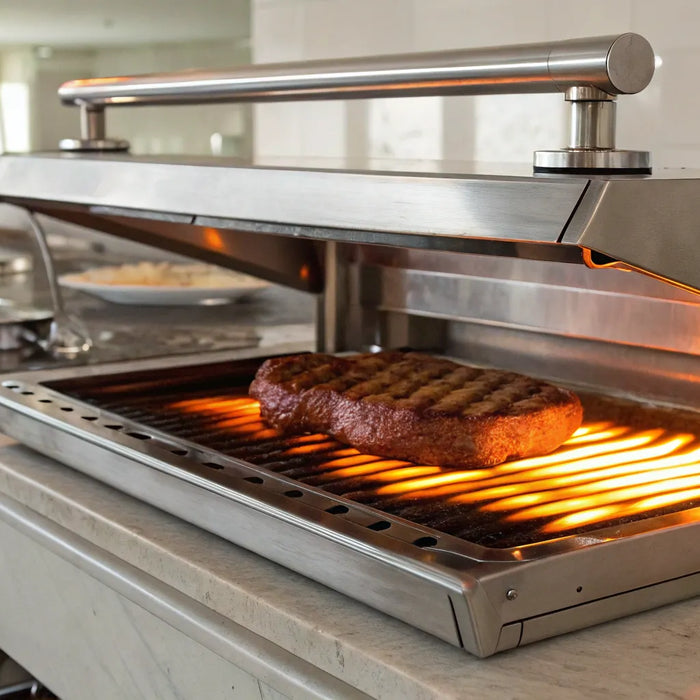A salamander for cooking broils a steak on a countertop in a commercial kitchen.