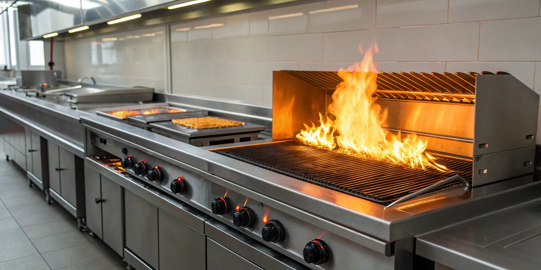 A gas salamander for cooking and browning dishes in a commercial kitchen.