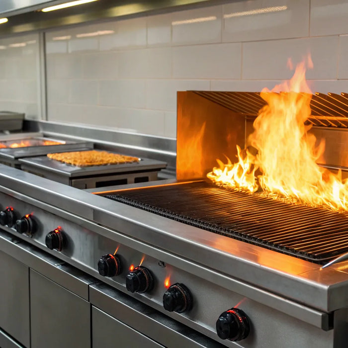 A gas salamander for cooking and browning dishes in a commercial kitchen.