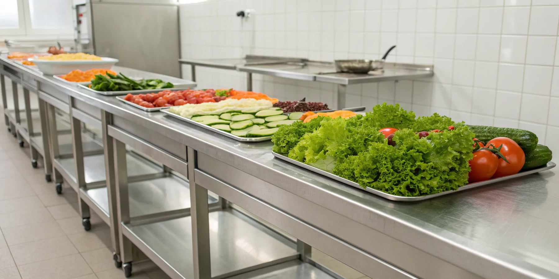 A stainless steel sandwich prep table with fresh ingredients for making sandwiches.