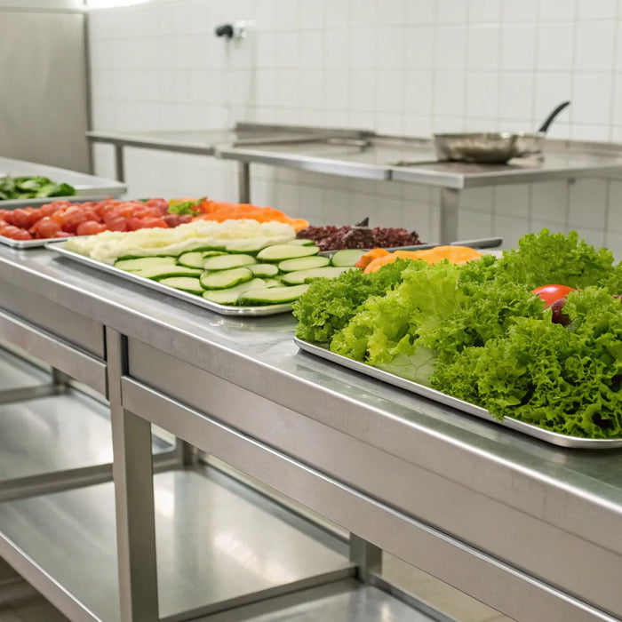 A stainless steel sandwich prep table with fresh ingredients for making sandwiches.
